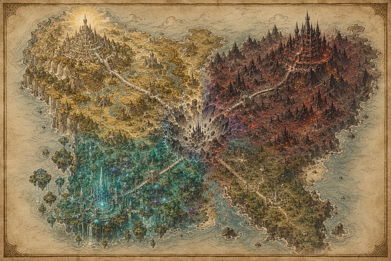 An old parchment map of a world split by a great scar